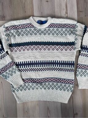 Cable Knit Pattern Crewneck Sweater - Cream 100% Cotton Dadcore USA